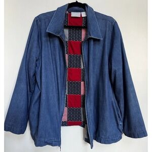Vtg Denim Jacket Americana Patchwork Lining Zip Up Blue Jean Denim Jacket L USA